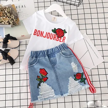 

girls clothes set Children 2020 summer new girls fashion embroidered rose short-sleeved T-shirt denim skirt suit two-piece suit