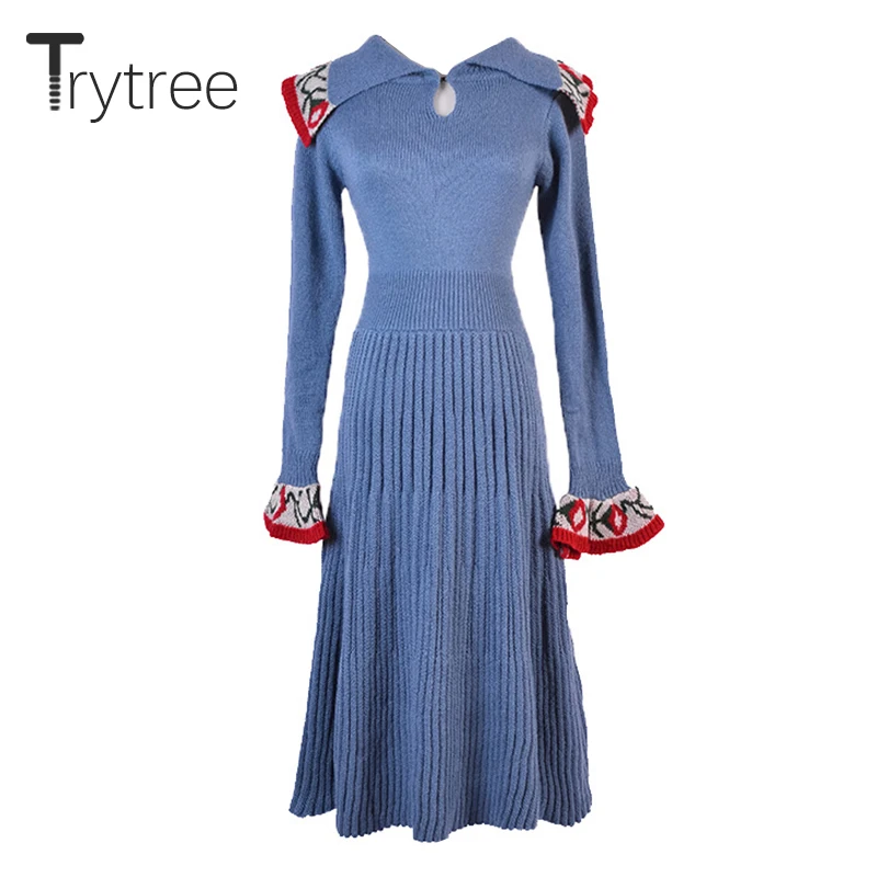 

Trytree Autumn Winter Knitting Dress Women Casual Embroidery Peter Pan Collar Flare Sleeve A-Line Office Lady Knee-Length Dress