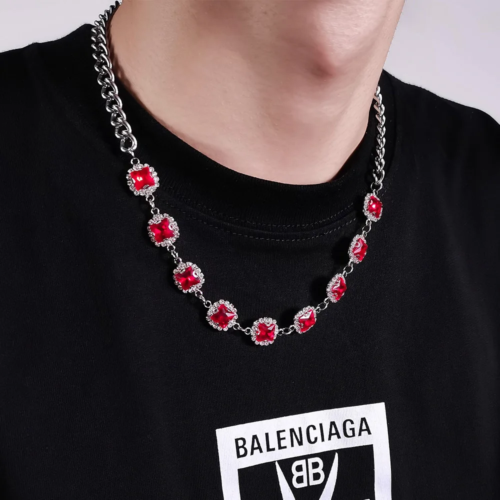 

Luxury Red Gems Stone Crystal Chain Necklace Cuban Necklace for Men Women Hip Hop Necklace Iced Out Chain Hip Hop Jewelry Gifts