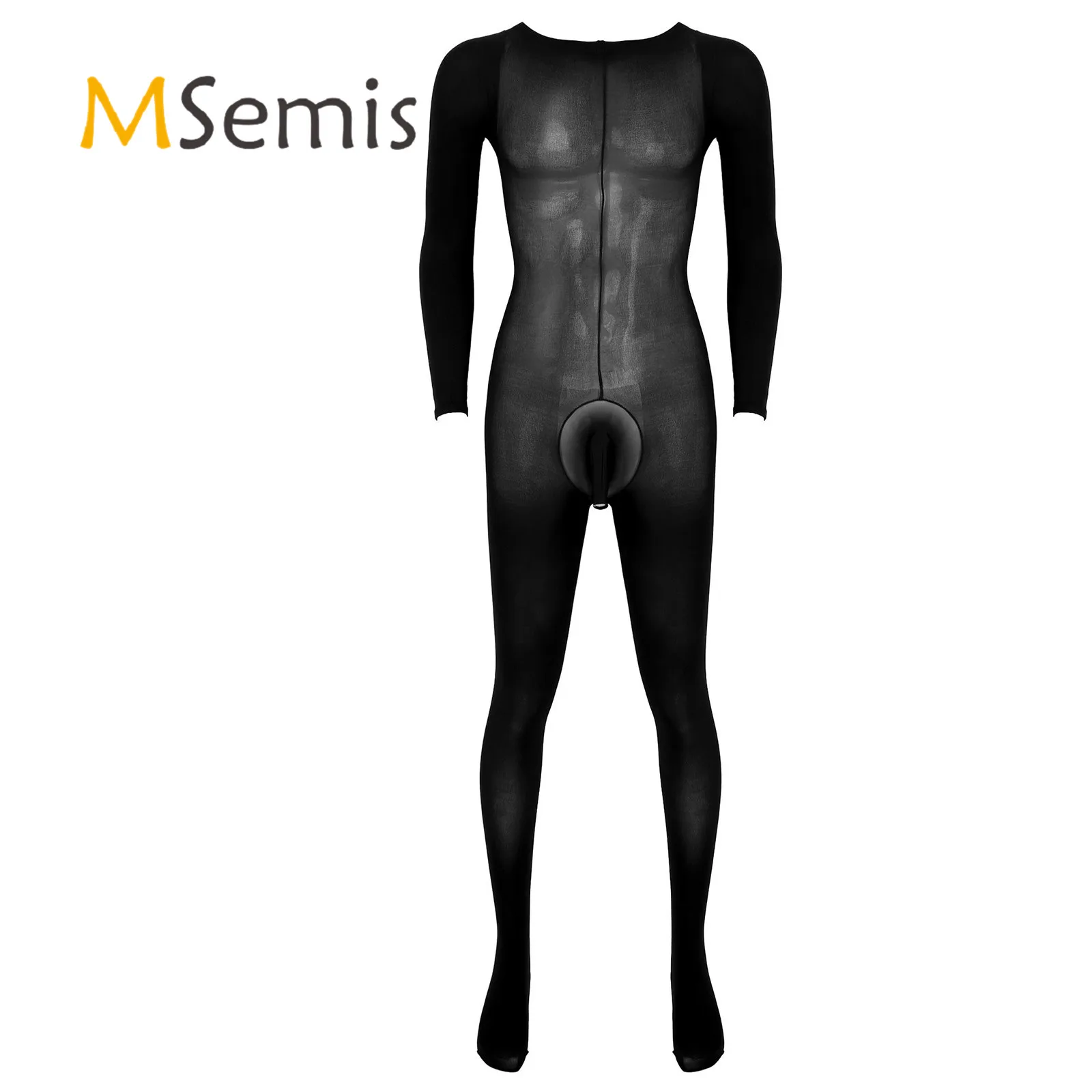 

Mens Lingerie Full Bodysuit Bulge Pouch Stretchy Bodystocking Solid Color Round Neck Long Sleeve Bodysuit Underwear Nightwear