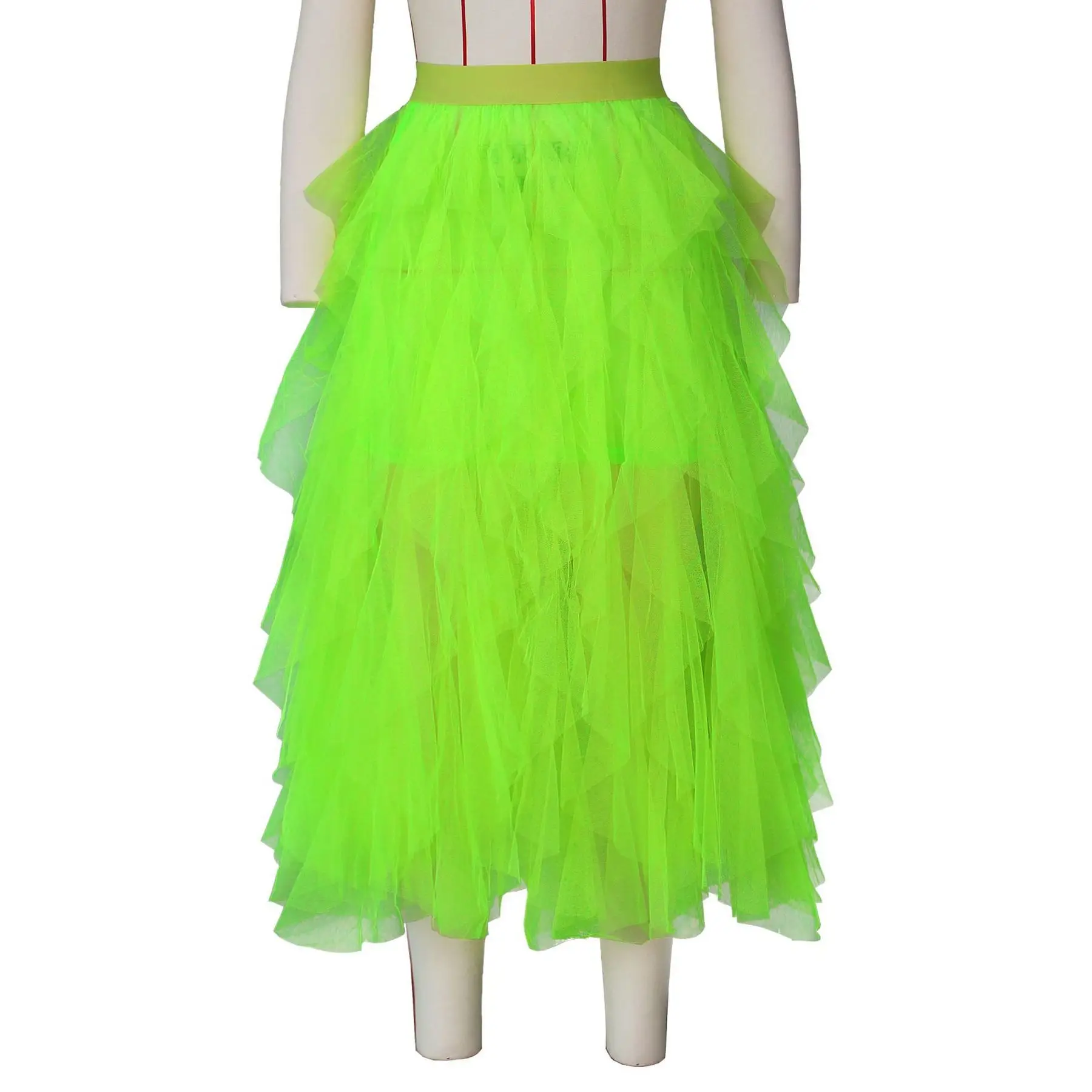 Неоновая зеленая сетчатая ниспадающая юбка с оборками, женская сексуальная юбка миди с высокой талией, летняя уличная одежда, повседневное бальное платье, Пляжное Платье, Jupe Femme
