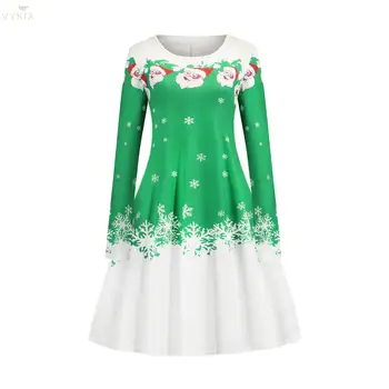 

Vintage Hepburn Mini Dress Christmas Printed Snowflake Women Dress Long Sleeve O-neck Pleated Swing Casual A-line Party Dresses
