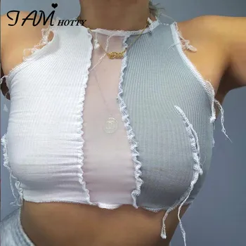 

IAMHOTTY Ripped Patchwork Mesh Transparent y2k Crop Top Women Reverse Sexy Fitness Sleeveless Tank Tops Female Summer Clothing