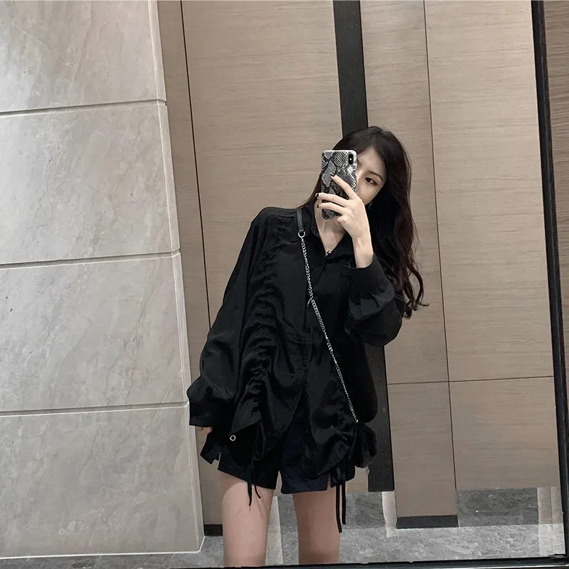 

Autumn Women Streetwear Harajuku Full Sleeve Shirts 2019 Casual Fashion Loose BF Style Pop Drawstring Fairy Tops Black Blouses