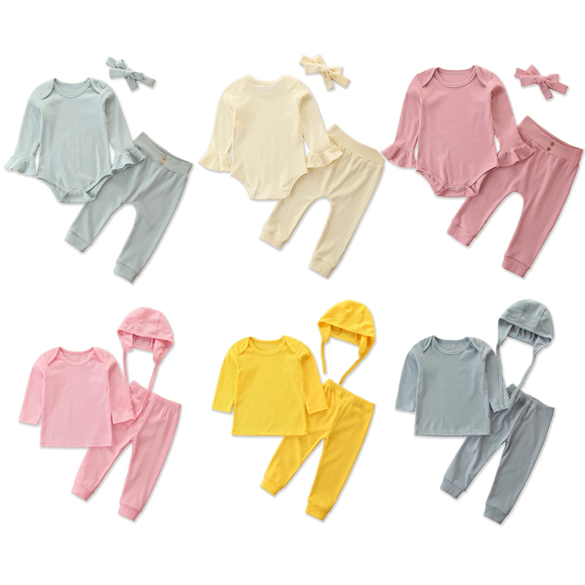 

Baby Girls Clothes Set Long Sleeve O-neck Tops + Long Pants + Headband/Hat Solid Color Suit for Spring 0-24M