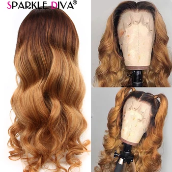 

Ombre Blonde Lace Front Human Hair Wigs With Baby Hair Malysian Body Wave Lace Wigs #4/27 Remy 13x4 Lace Front Wig Pre Plucked
