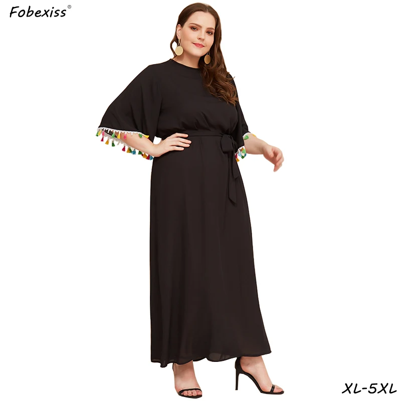 Платья размера плюс, 5XL, женское свободное повседневное Макси-Платье с расклешенными рукавами и высокой талией, элегантное черное платье с поясом и кисточками, женское Бандажное платье