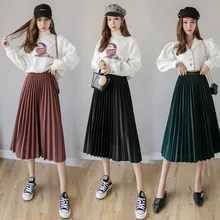 Новая Женская эластичная бархатная плиссированная юбка с высокой талией весна осень винтажная Женская Повседневная миди Женская юбка для офиса Однотонная юбка