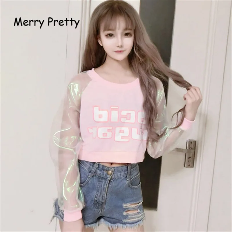 

Merry Pretty Harajuku Japan Style Women T-shirt Letter Printed Laser Transparent Long Sleeve Patchwork Crop tops girls pink top
