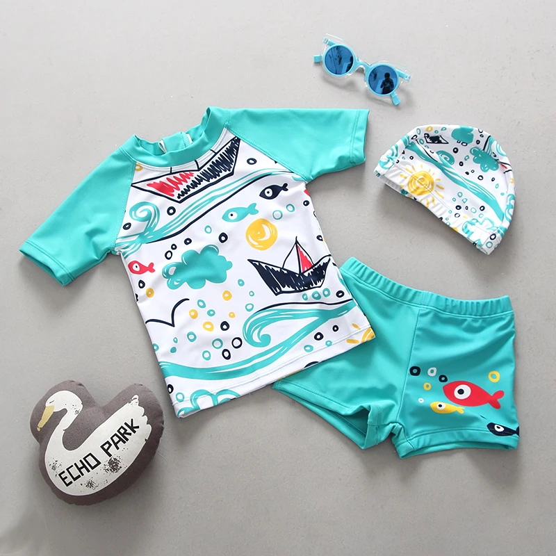 Детский купальный костюм для мальчиков из 3 предметов, купальный костюм с длинными рукавами для маленьких мальчиков детский купальный костюм с защитой от УФ-лучей пляжная одежда с принтом акулы