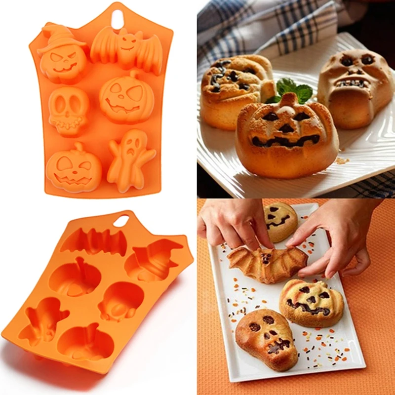 1pcs 6 Grids Pumpkin Bat Skull Ghost Shape Halloween Silicone Mold Candy Chocolate Pudding Mold for Halloween Party Decoration