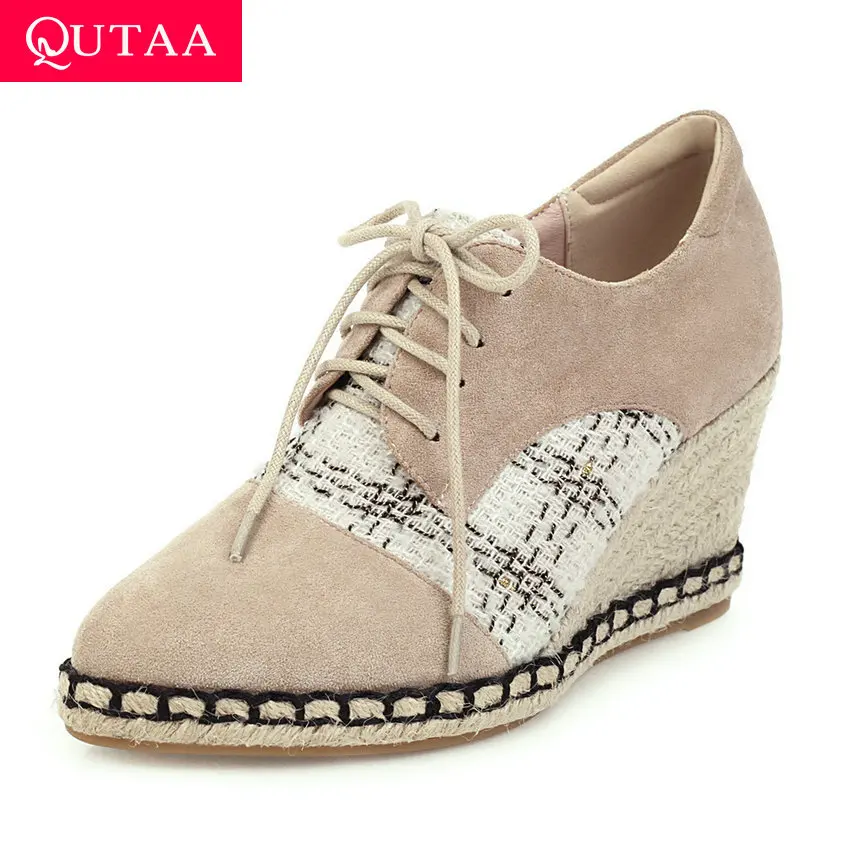 

QUTAA 2020 Platform Knitting All Match Ladies Single Shoes Wedge High Heel Women Pumps Pointed Toe Lace Up Women Shoes Size34-43