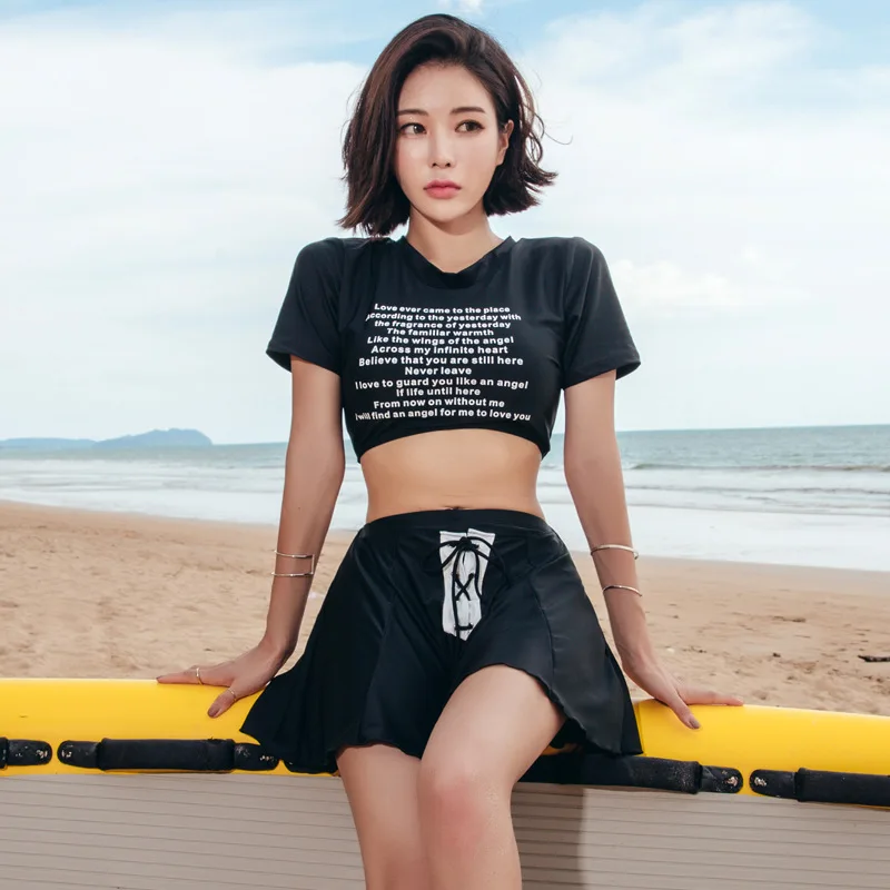 

2019 South Korea Graceful New Style Bathing Suit Fashion Sexy Black And White with Pattern Split Skirt-Boxer Two-Piece Swimwear