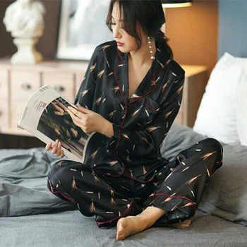 

Spring Autumn Women Long Sleeve Trousers Emulation Silk Printed Homewear Pajama Two Piece Suit Casual Home Clothing Халат