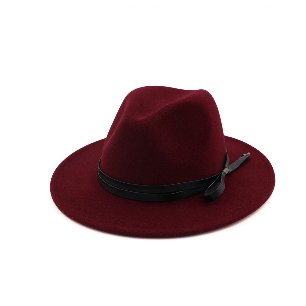 Wine Red Мужская и Женская шерстяная шляпа Fedora с кожаным поясом широкий джазования с полями шляпа элегантная женская чародейная церковная джазовая шляпа размер 56-58 см - Цвет: Wine Red