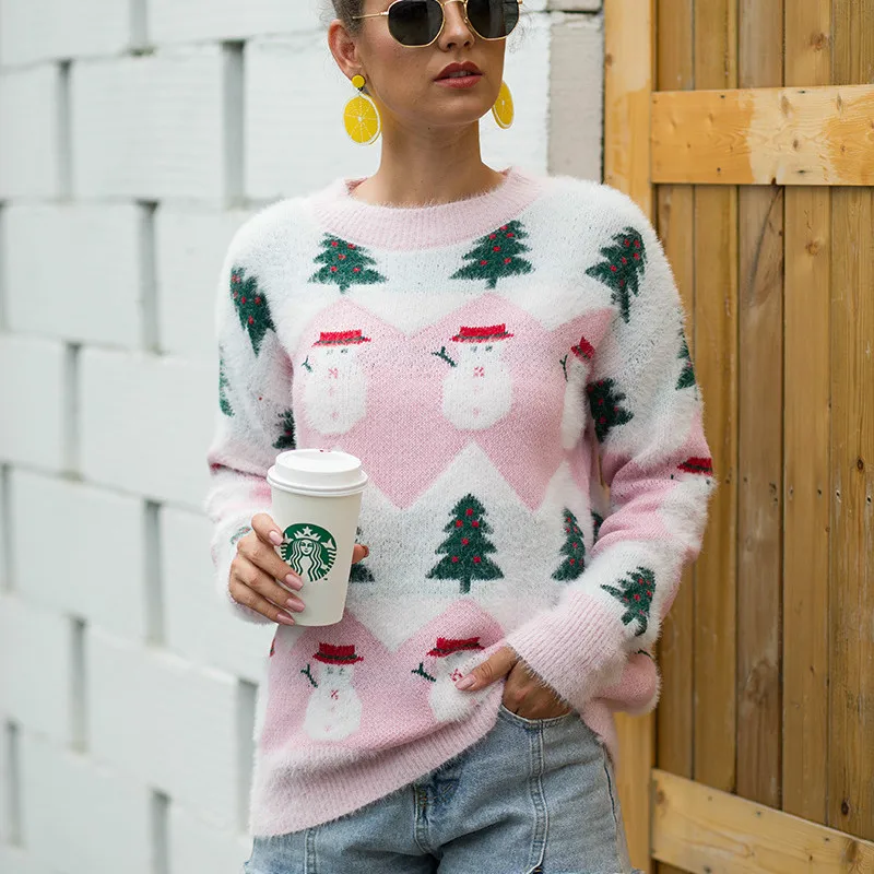 DANJEANER женский Рождественский Пуловер длинный рукав толстый мягкий сенсорный снеговик шаблон пуловеры осень зима теплый вязаный свитер