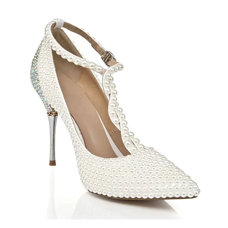 

Wind Pearl Colored Diamond Iron Bride Pointed Shallow Mouth Wedding Banquet Gao With One Word Belt T-shaped Shoes