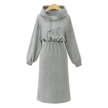 

Autumn Winter Warm Sweatshirt Long-sleeved Dress 2019 Woman Clothing Hooded Drawstring Fleeces Women Dress Pocket Design Simple