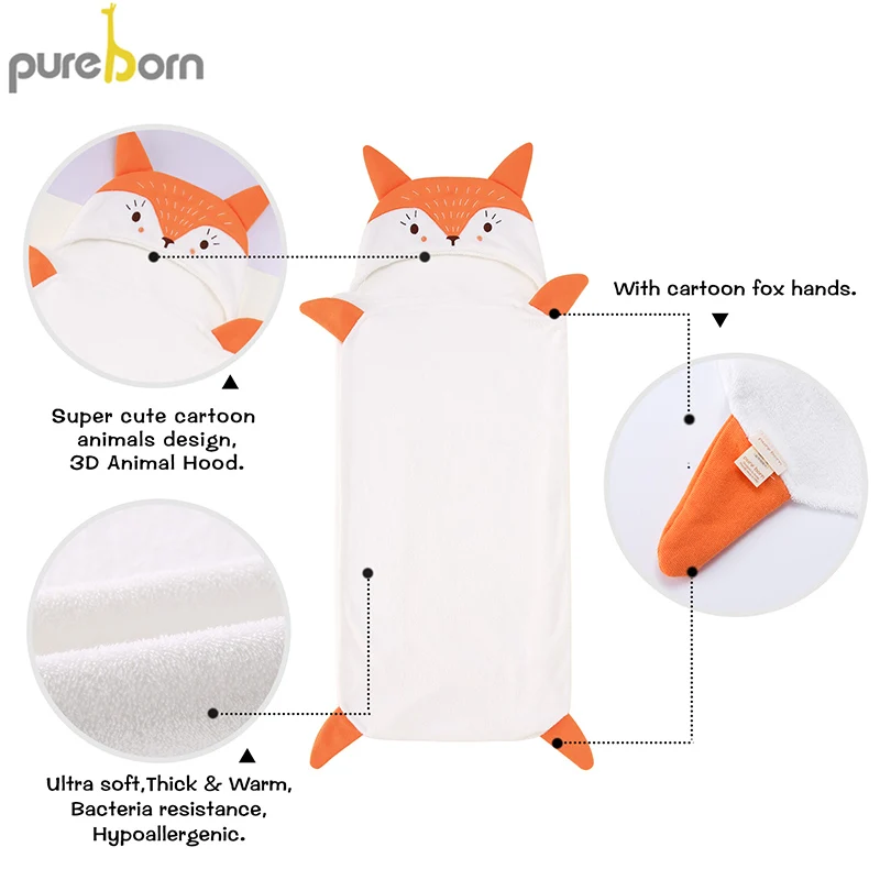 pureborn Newborn Baby Bath Towel Cartoon Animal Hooded Unisex Baby Towel Blanket for Boys Girls Baby Stuff