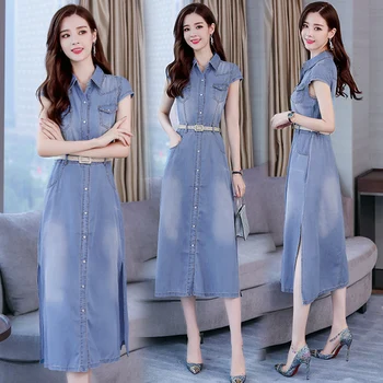 

Loose A-line Fashion Women Dresses Pocket Casual Brief Denim Dress Sexy Open Side Split Fashion Vintage Summer Dress
