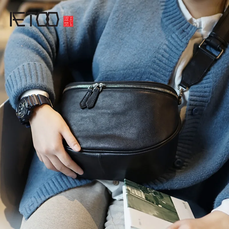 

BJYL Retro Japanese men and women handmade cowhide shoulder oblique bag, casual Korean version leather Chest bag