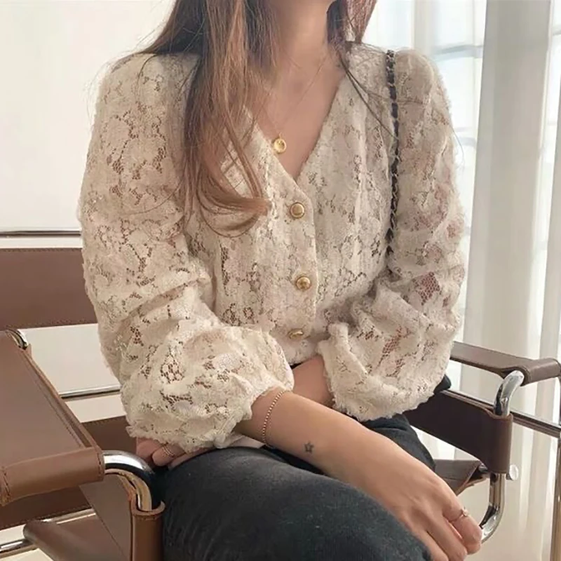 

Woherb Korean Modis Blouse Women Chic Sweet Tops Temperament V-collar Single Breasted Blusas Hollowed-out Lace Shirt 25569