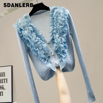 

Long Lady Cardigan Beaded Diamond Sweet Flower V-neck Single-Breasted Cardigans Hollow All-match Women's Loose Sweater Coat