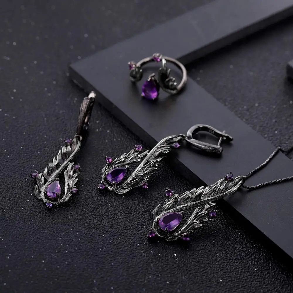 GEM’S BALLET 2.1Ct Natural Amethyst Earrings 925 Sterling Silver Handmade Angel’s Wing Drop Earrings for Women Fine Jewelry