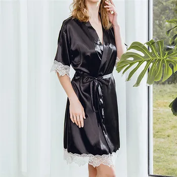 

Sexy Lingerie Women Sleepwear New Women Sexy Satin Fashion Lace Patchwork Pajamas Sleepwear Robe Long Sleeve JAYCOSIN 2020