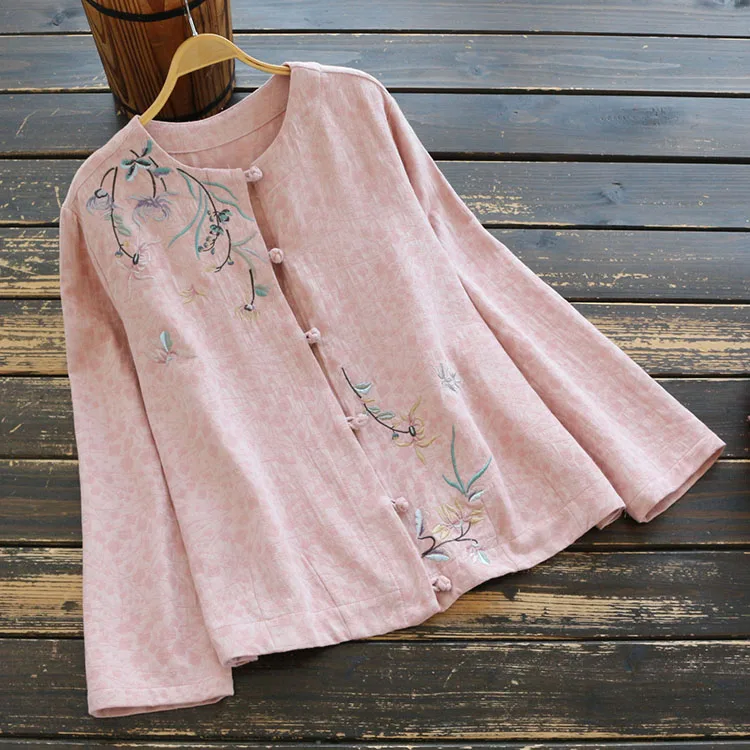7383 New Spring Women Shirt Chinese Style Retro Buckle Floral Embroidery Linen Loose O-Neck Long Sleeve Blouse Women 2