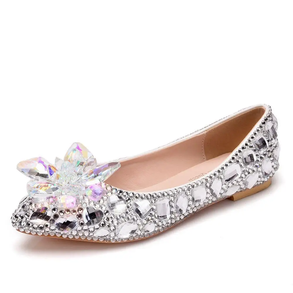 Luxury Silver Bling Bling Crystal Flower Flats Wedding Shoes Bride