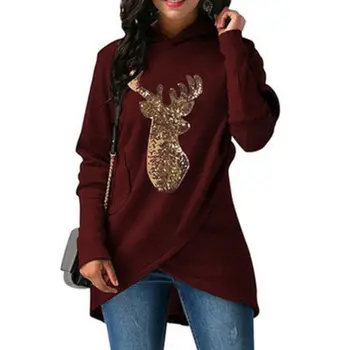 

Womens Christmas Deer Print Long Sleeve Black Cool Sweatshirt Hoodie Jumper Hooded Tops Pullover