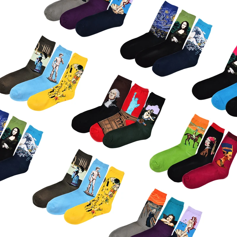 

3 Pairs/Lot Hot Dropshipping winter Retro Women New Art Van Gogh Mural World Famous Oil Painting Series Female Socks Funny Socks