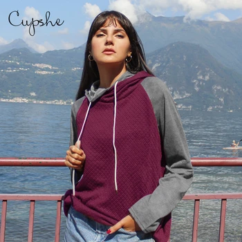 

CUPSHE Plum and Grey Colorblocked Hoodie Woman Casual Long Sleeve Sweatshirts Pullovers Tops 2020 Spring Autumn Sportswears