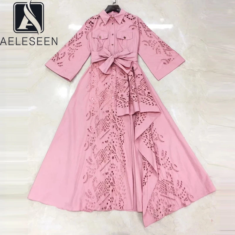 Женское асимметричное платье AELESEEN розовое дизайнерское с длинным рукавом и