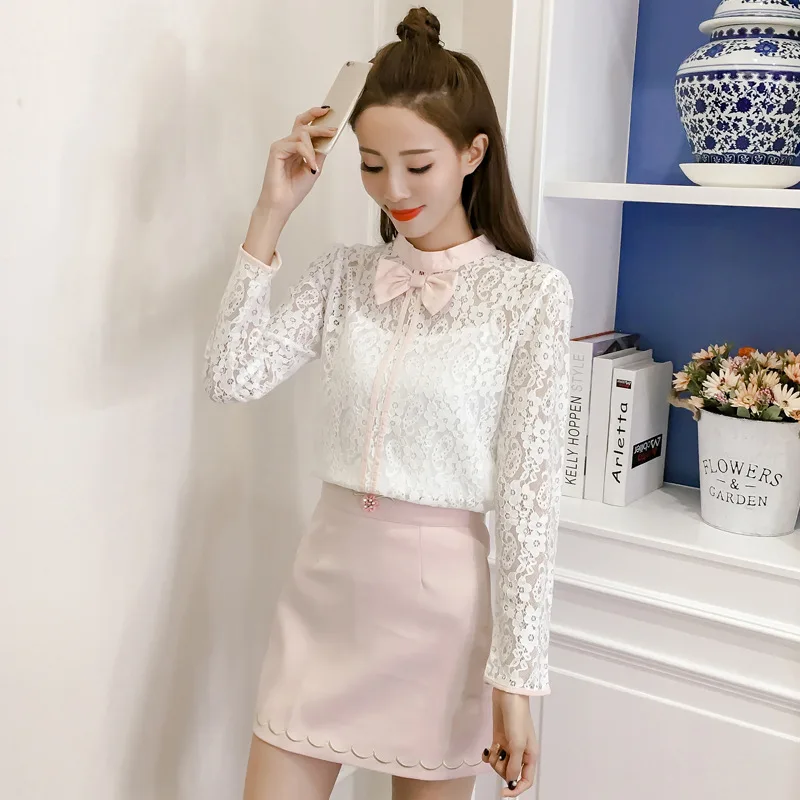 

Autumn WOMEN'S Suit-Style Two-Piece 2017 New Style Pure White Lace Upper Garment + Pink Banse Skirt