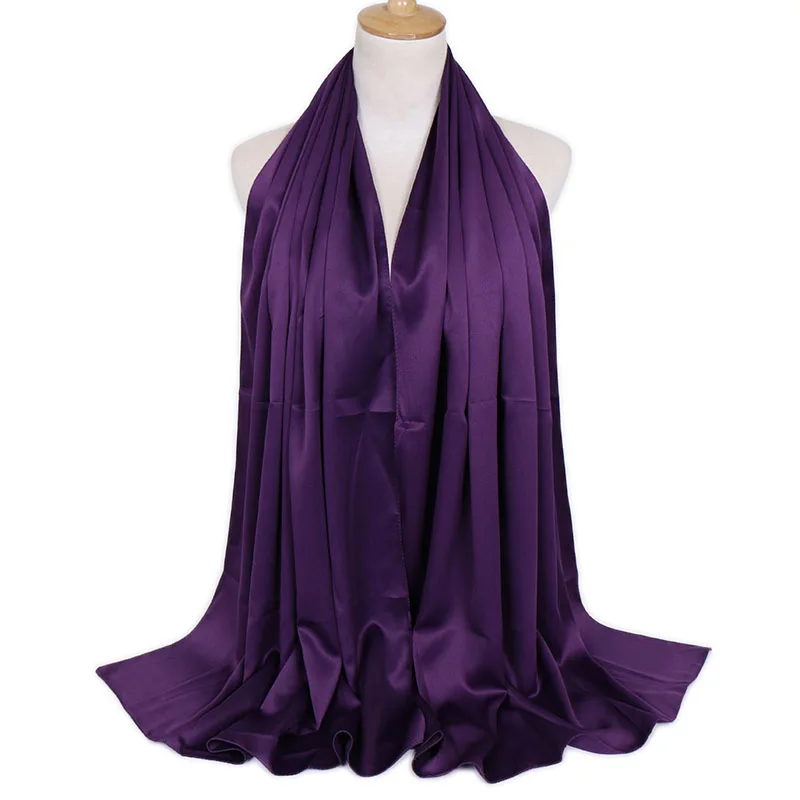 Женский простой Малайзийский атласный шелковый шарф хиджаб сплошной цвет длинные мусульманские шарфы повязка тюрбан Макси мусульманские шали 30 цветов
