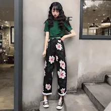 Fashion female suit summer Korean loose elegant Printing casual wide leg pants Trousers & Drawstring Tee Shirts suits two piece