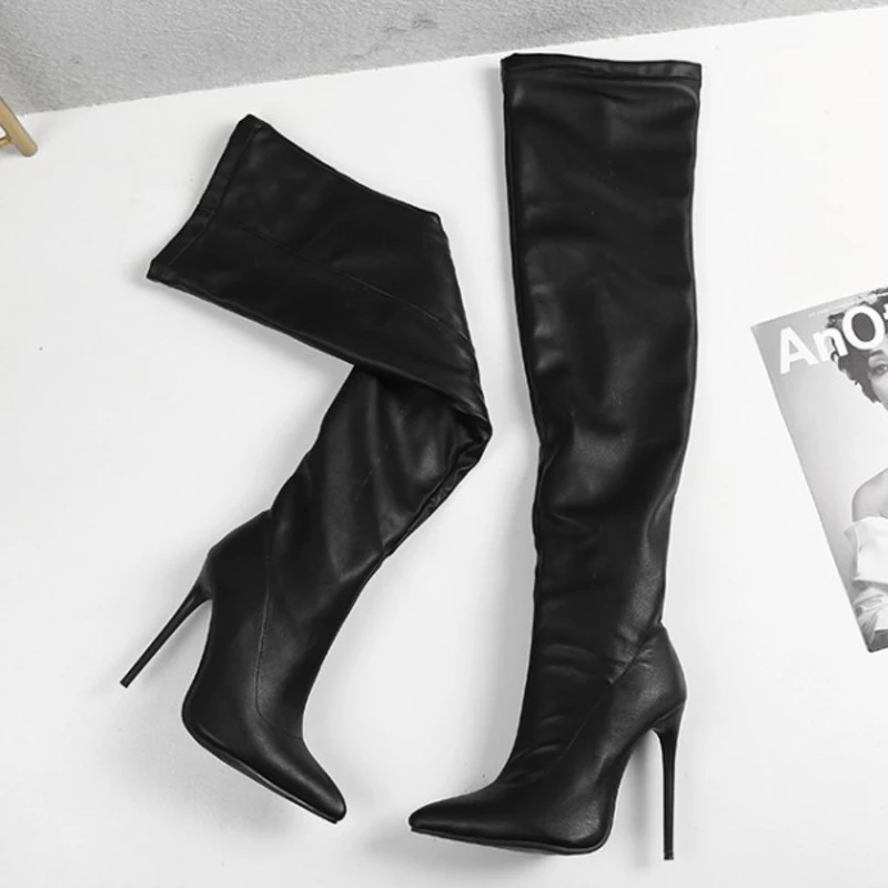Botas altas hasta el muslo de cuero para mujer, sexys tacón fino y punta estrecha por encima de la rodilla, a la moda, de alta calidad, color negro|Botas sobre la