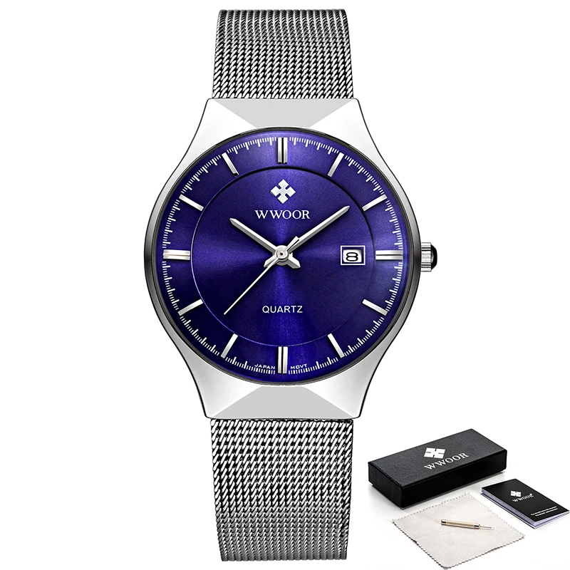 WWOOR Watch Men Luxury Ultra-thin Casual Mens Watch Blue Waterproof Stainless Steel Quartz Auto Date Fashion Watches Mens 2021 