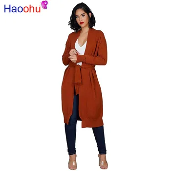 

Fall Winter Solid Knitted Womens Jackets and Coats 2019 Long Sleeve Belt Long Coat Streetwear Causal Plus Size Slim Cardigan