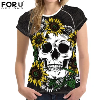 

FORUDESIGNS Vintage Women O-Neck T Shirt Skull Sunflower Pattern Print Summer Female Clothes Gothic Short Tops chemise femme