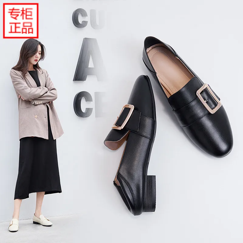 

2019 Spring New Style Versatile Genuine Leather Retro Loafers Brown Women's Flat Square Buckle Square Head WOMEN'S Thin Shoes