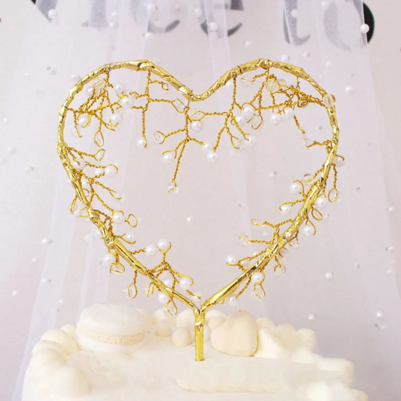 1PC Heart Shape Card Insert Love LED Pearl Cake Toppers Baby Happy Birthday Wedding Cupcakes Party Cake Decorating Tool