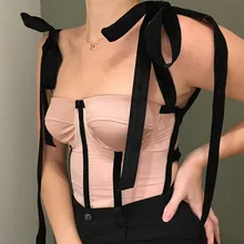 

Women Contrasting Sexy Off Shoulder Strap Soild Color Halter Slim Vest Tops Woman Fashion Pink Black Sleevess Bandage T-shirts