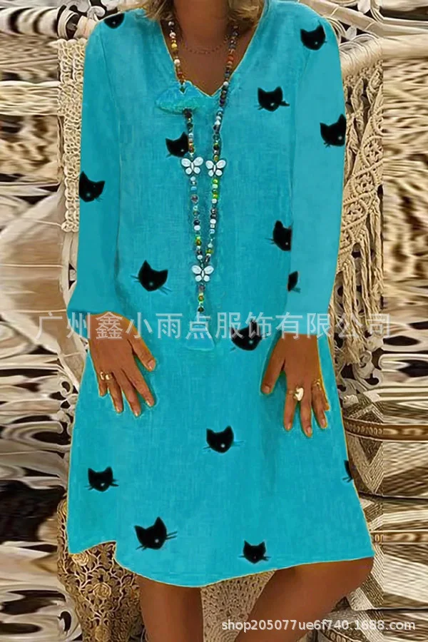 

Women Autumn Dress Style V-Neck Printed Cotton And Linen Casual Plus Size Ladies Dress Fashion Beach Dresses Party S-5XL Dresses