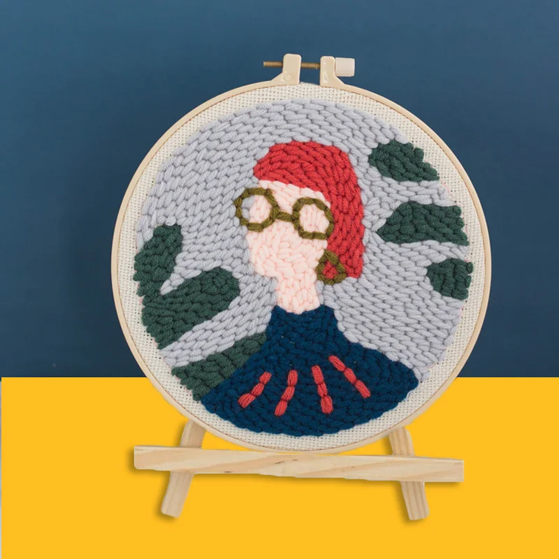 

Handmade Fashion Girl Easy Punch Needle Kit with Yarn Embroidery Kit Hoop Wool Work for Beginner Sewing Painting Art Home Decor