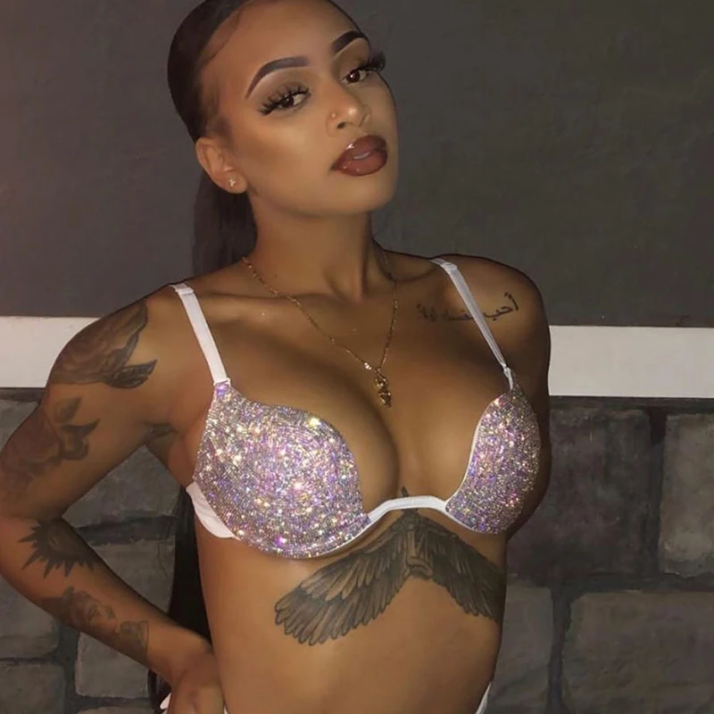 Шикарные стразы, женский бикини, бюстгальтер, сексуальный, низкий вырез, открытая спина, бандаж, Короткие топы, летняя мода, блестящие бриллианты, купальник, роскошный женский бюстгальтер