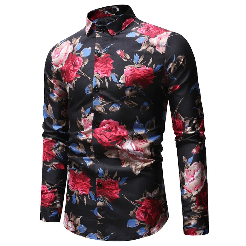 

2019 fall new men's long-sleeved shirt EBAY men's Korean version of the body shredded flower printed lapel shirt
