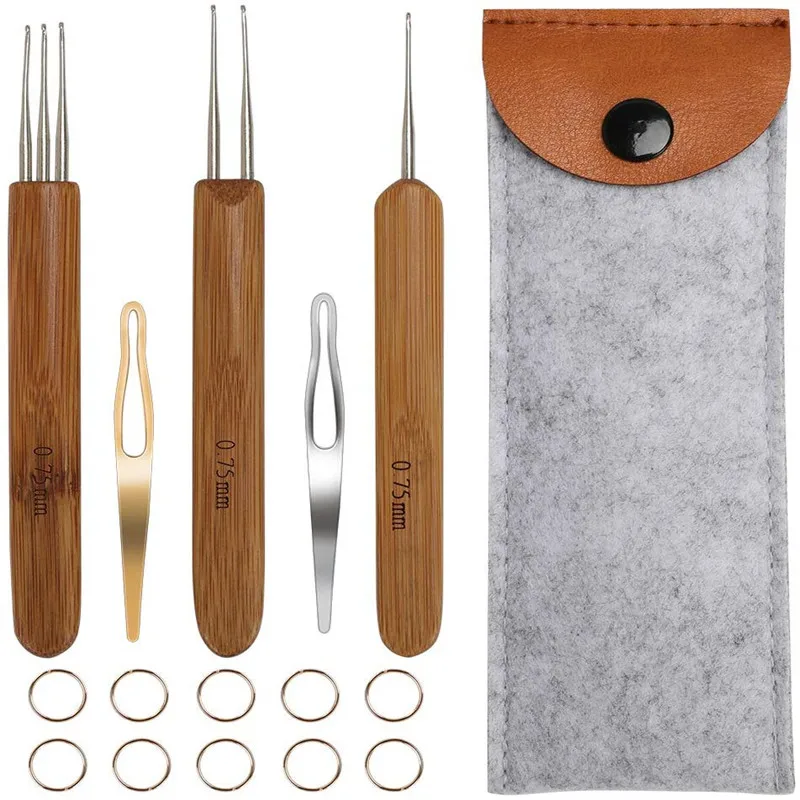 15pcs Dreadlocks Crochet Hook Set for Hair,3pcs Locs Crochet Needle Size 0.75mm Bamboo Handle for Braid Needle and 2pcs Interlocking Tools with Case (2)